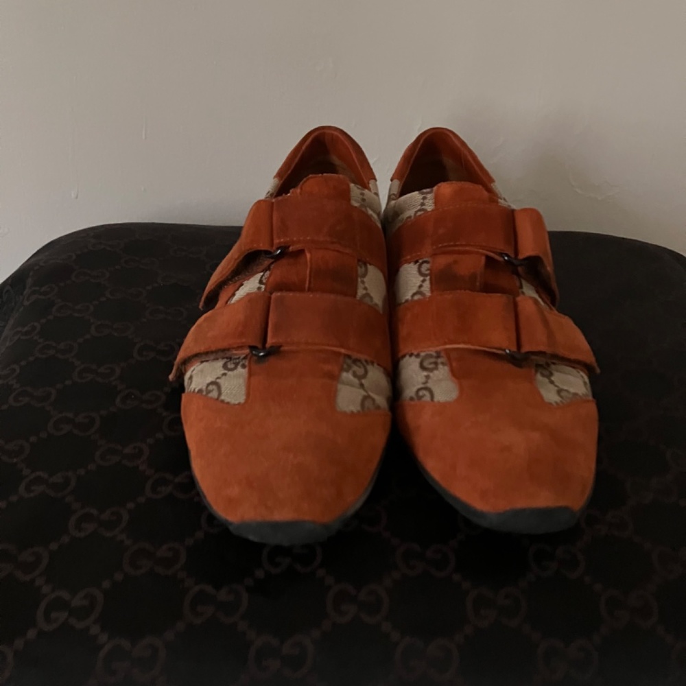 Gucci - Orange Suede Monogram Sneakers - Picture 3 of 6
